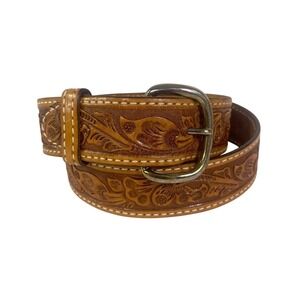 Vtg Tex-Tan Western Tooled Leather Belt Men's 32 Stitching Rosette Sheridan
